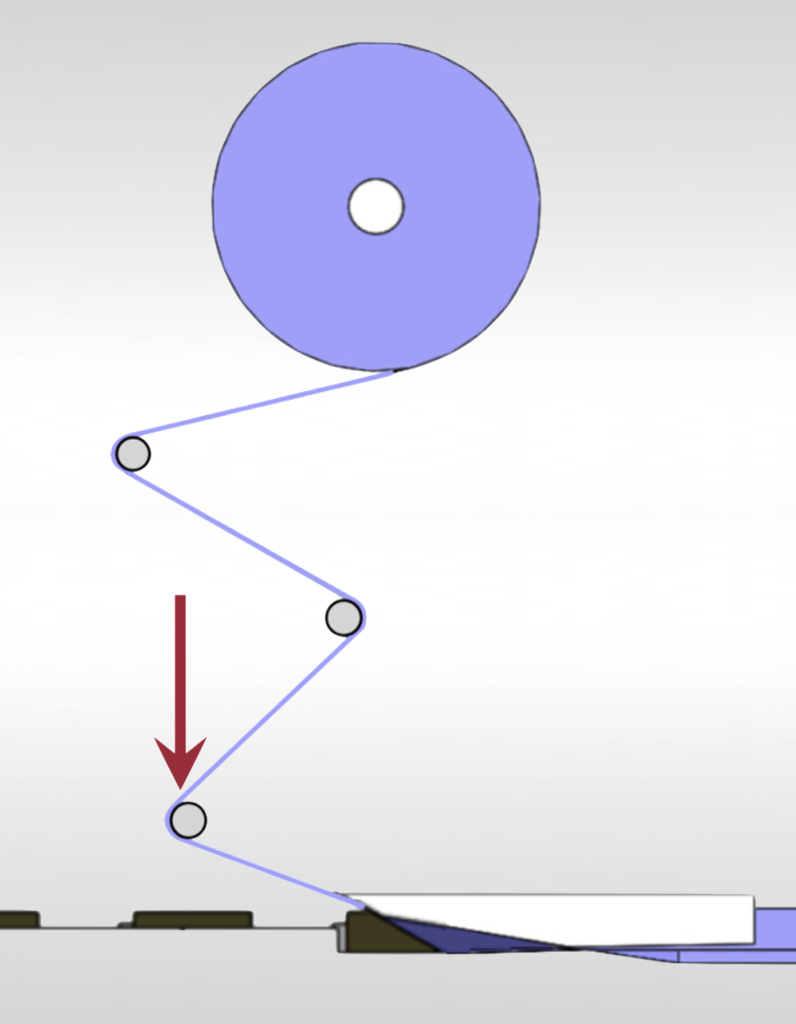 Adjust dance roller downward to decrease flexible packaging material angle