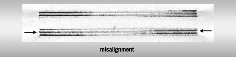 Sealing jaw carbon impression shows misaligned serrations