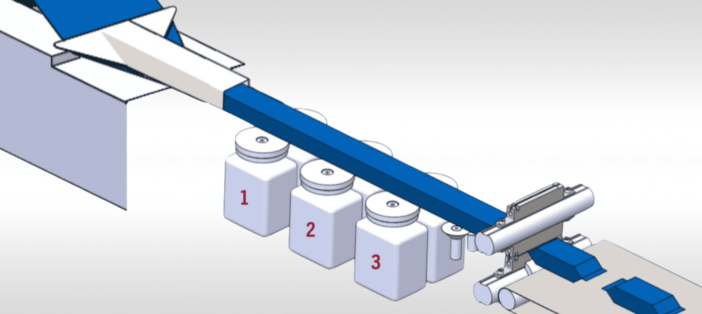 Three pairs of fin wheels on a flow wrapper