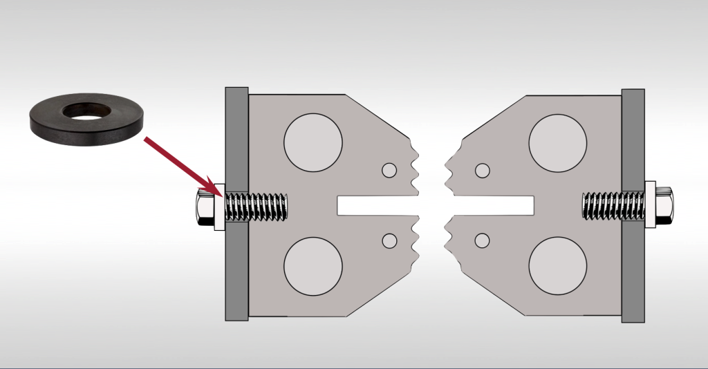 Sealing jaws mounted on flat surface with hardened flat washers
